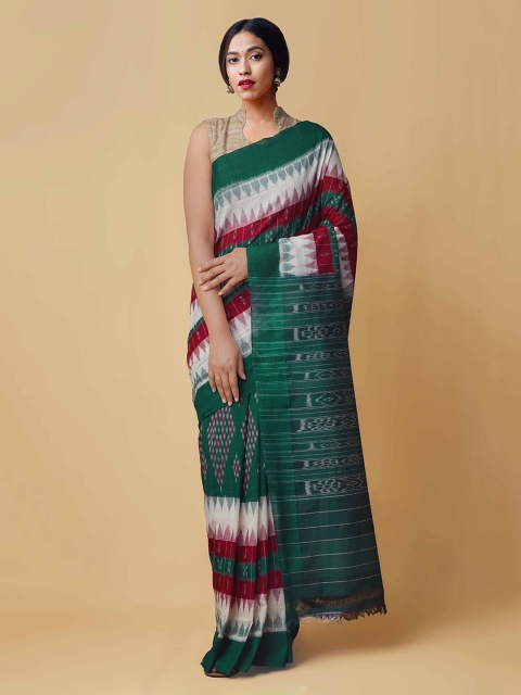 

Unnati Silks Green & White Pure Cotton Handloom Printed Sambalpuri Saree