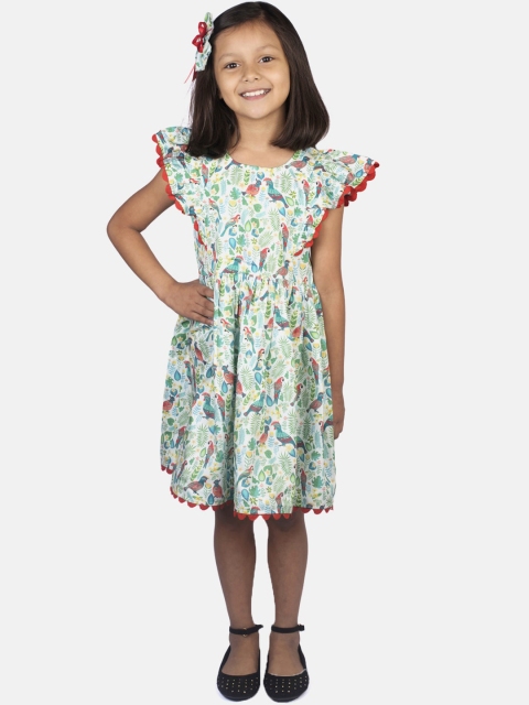 

RIBBON CANDY Girls White & Green Printed Fit and Flare Dress