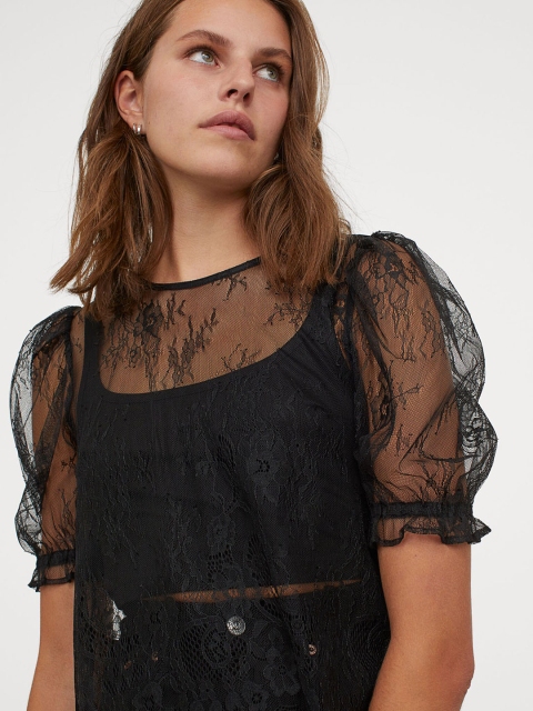 

H&M Women Black Puff-Sleeved Blouse