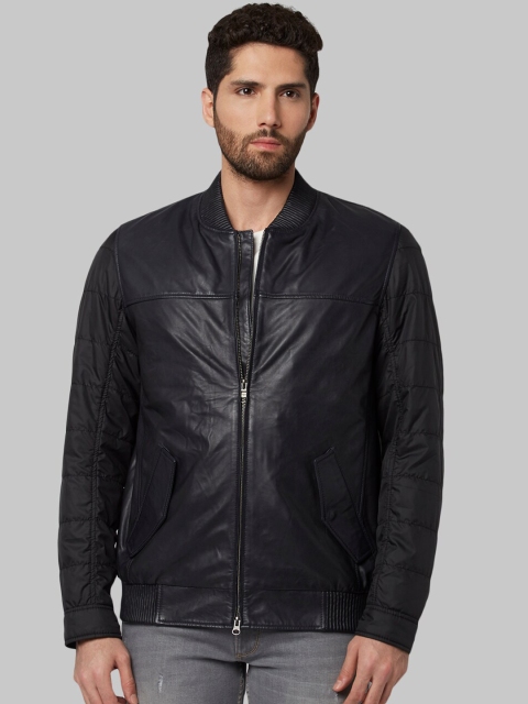 

Park Avenue Men Blue Solid Biker Leather Jacket