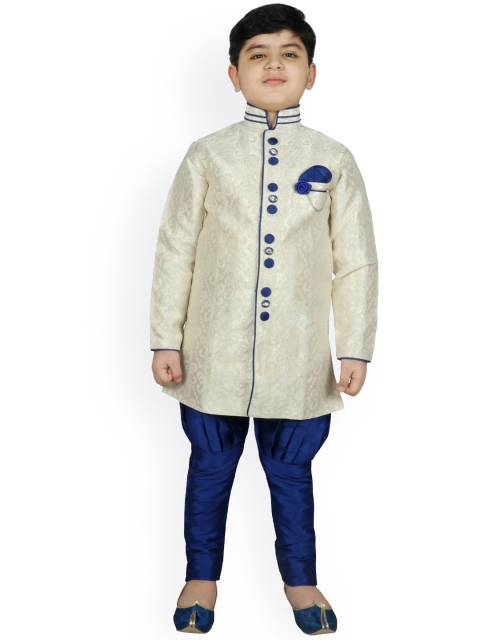 

SG YUVRAJ Boys Cream-Coloured & Blue Raw Silk Sherwani Set