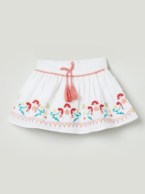 

max Girls White & Pink Embroidered A-Line Pure Cotton Skirt