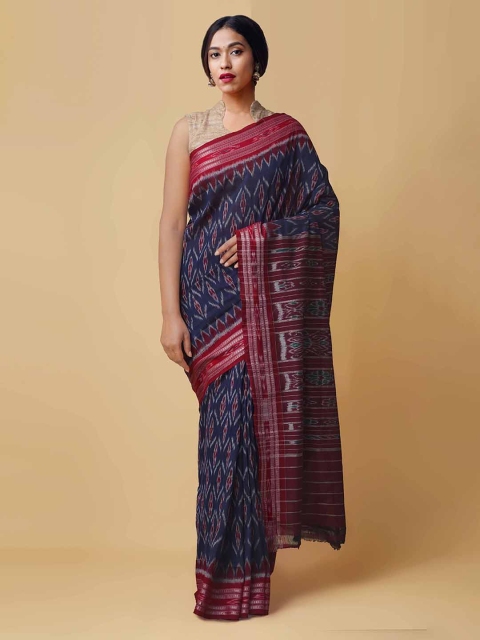 Unnati Silks Blue & Maroon Pure Cotton Printed Handloom Sambalpuri Saree