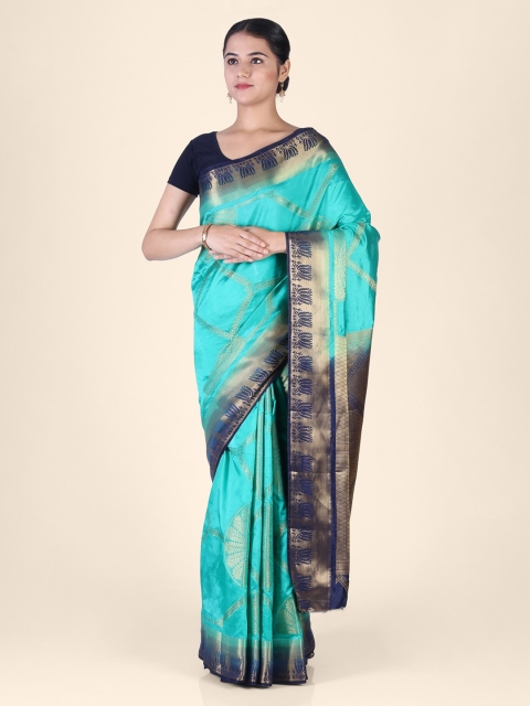 

CLAI WORLD Turquoise Blue & Gold-Toned Silk Blend Woven Design Mysore Silk Saree