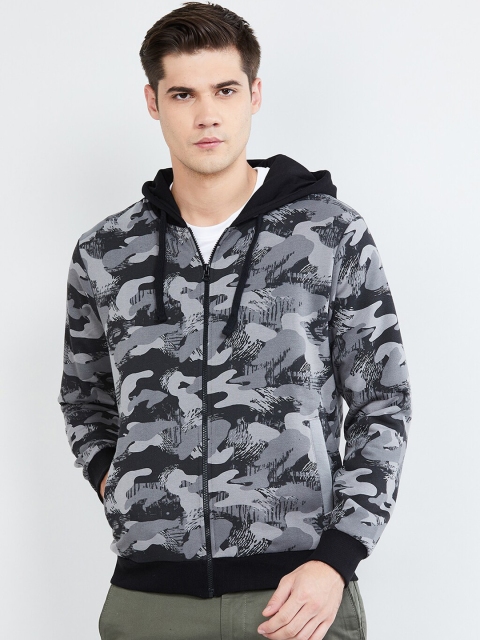 

max Men Grey & Black Camouflage Printed Hooded Sweatshirt