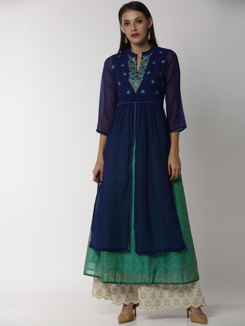 

Soch Women Navy Blue & Green Floral Embroidered A-Line Layered Kurta