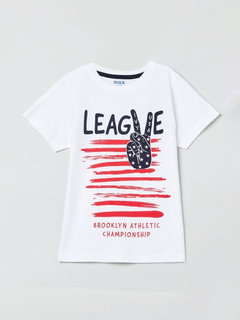 

max Boys White Printed Round Neck T-shirt