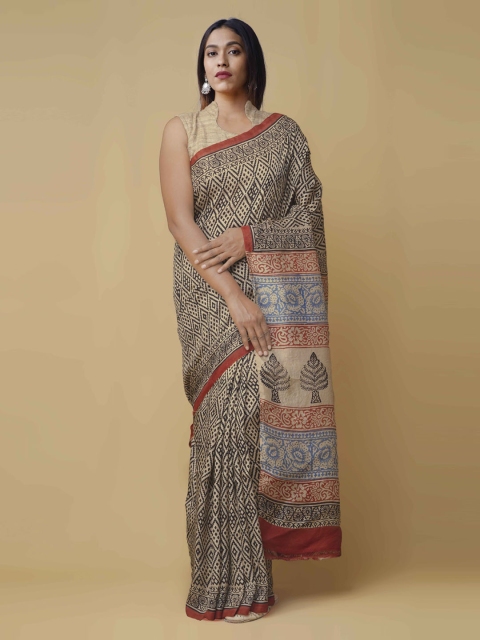 

Unnati Silks Beige & Black Pure Silk Printed Tussar Saree