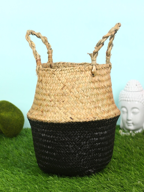 

PolliNation Black & Beige Natural Plush Woven Seagrass Tote Belly Basket
