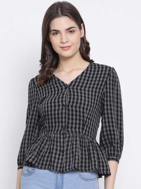 

Oxolloxo Women Black Checked Cinched Waist Top