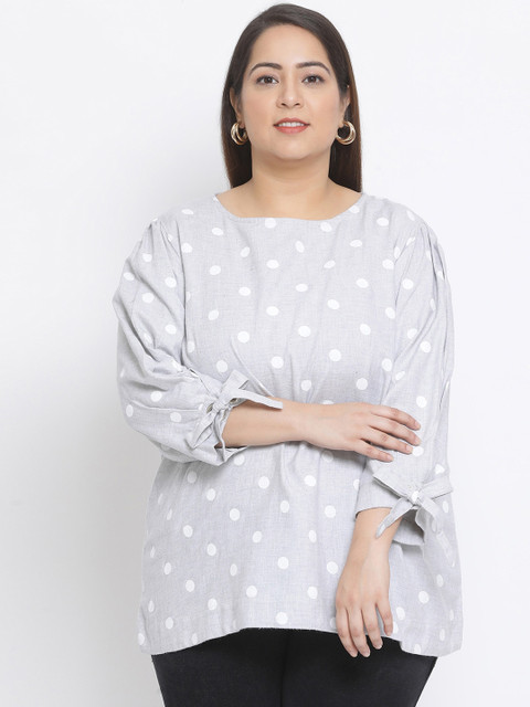 

Oxolloxo Women Grey & White Polka Dots Printed Top