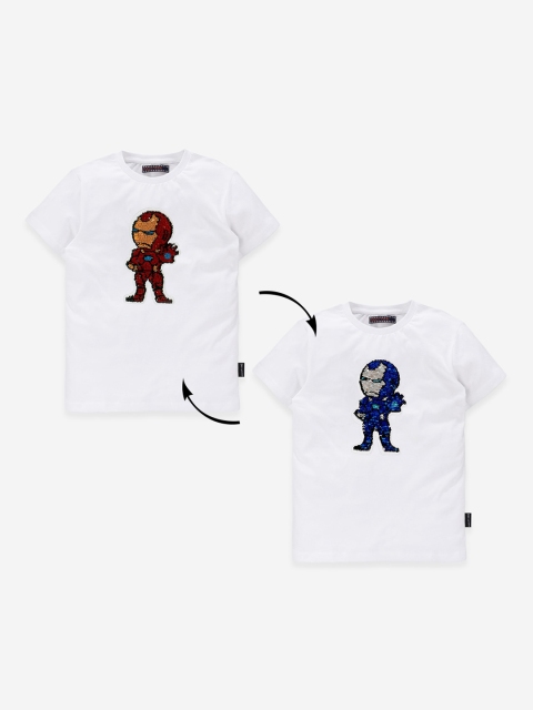 MAGIC TEES Boys White & Red Reversible Sequinned Round Neck T-shirt