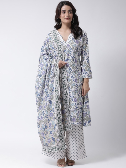 

Hangup Women White & Blue Floral Printed Kurta with Palazzos & Dupatta