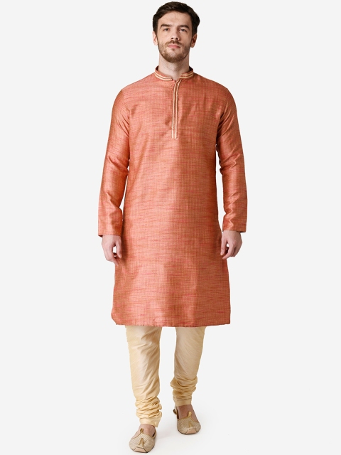 

TABARD Men Rust Red & Cream-Coloured Self Design Kurta with Churidar