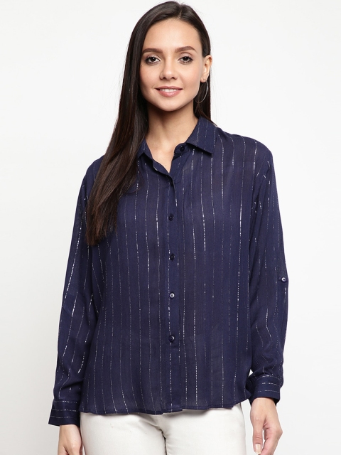 

Mayra Women Navy Blue Regular Fit Striped Casual Shirt