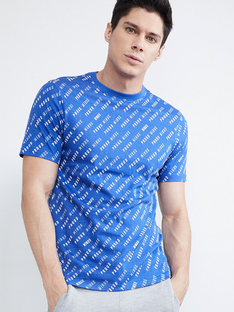 

max Men Blue Printed Round Neck T-shirt