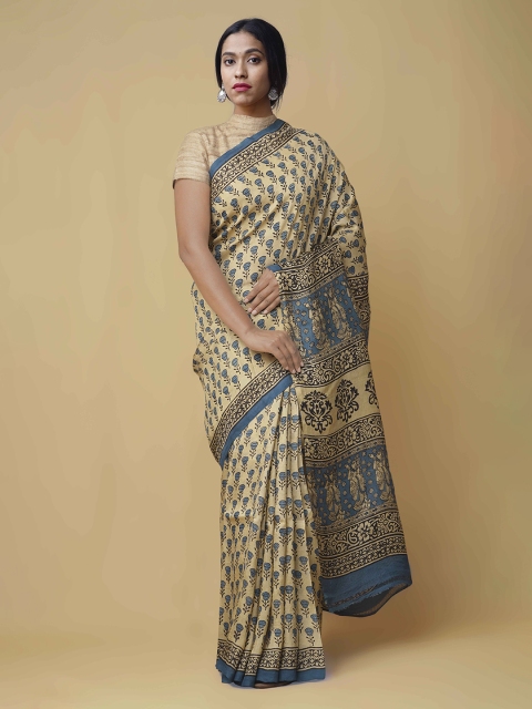 

Unnati Silks Cream-Coloured & Blue Pure Silk Printed Tussar Saree