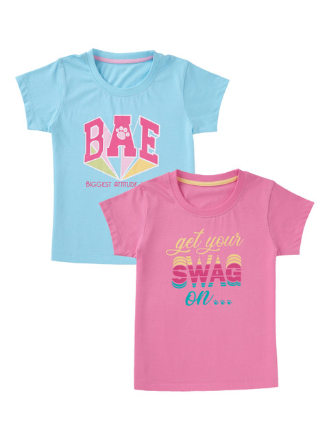 

Cub McPaws Girls Pack of 2 Blue & Pink Printed Round Neck T-shirt
