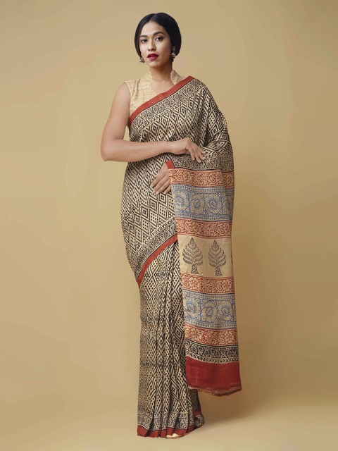 

Unnati Silks Cream-Coloured & Black Pure Silk Printed Handloom Tussar Saree