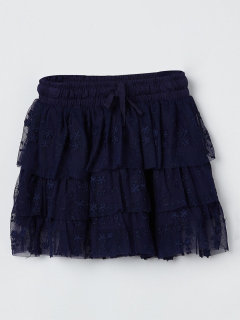 

max Girls Navy Blue Embroidered Layered A-Line Pure Cotton Skirt