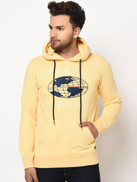 

98 Degree North Men Yellow Printed Hooded Sweatshirt