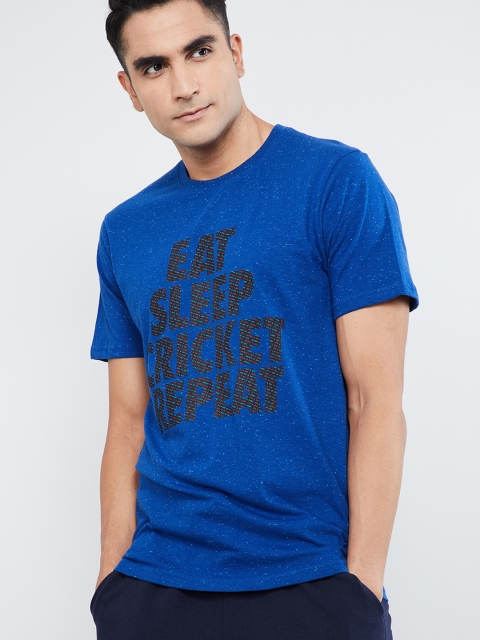 

max Men Blue Printed Round Neck T-shirt