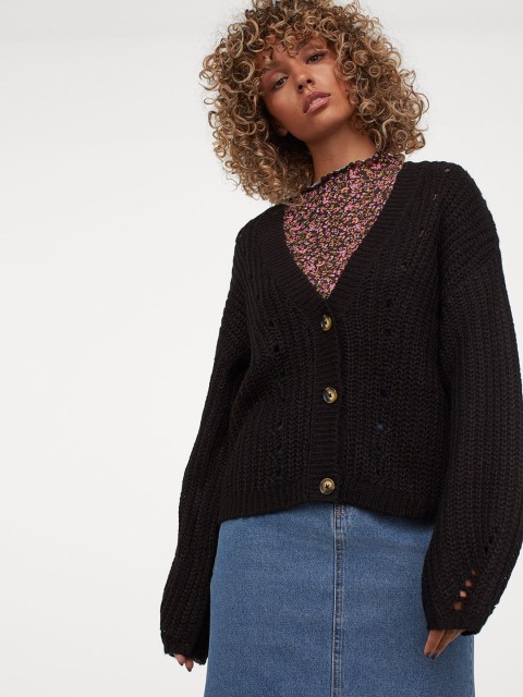 

H&M Women Black Solid Knitted Cardigan