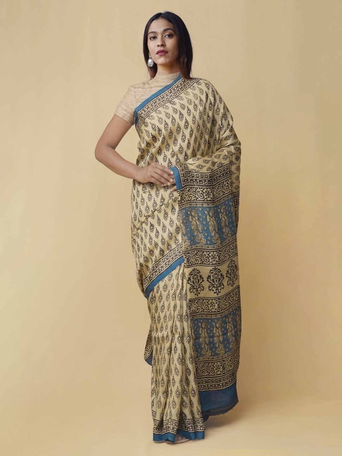 

Unnati Silks Cream-Coloured & Blue Pure Silk Printed Tussar Saree