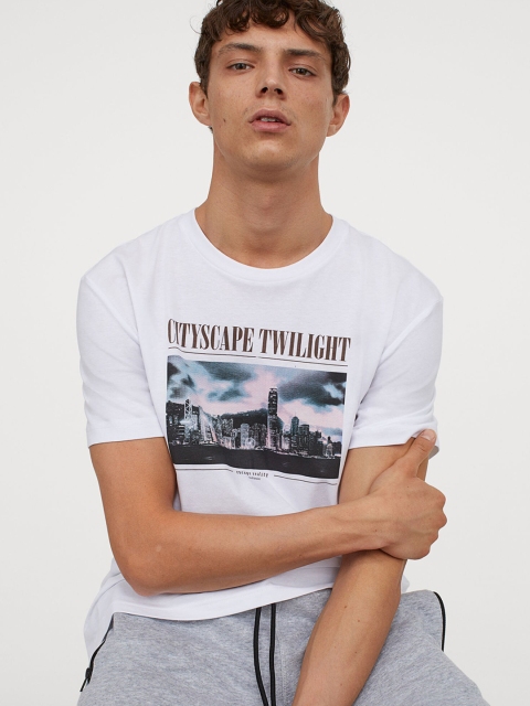 H&M Men White Cotton T-shirt
