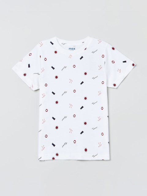 

max Boys White Printed Round Neck T-shirt