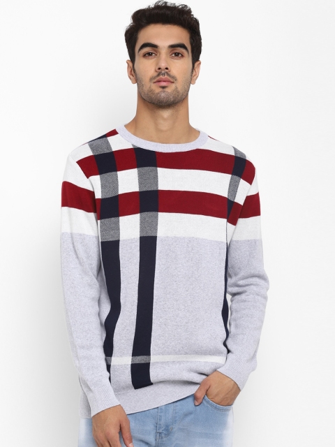 

METTLE Men Grey & White Checked Pullover Sweater