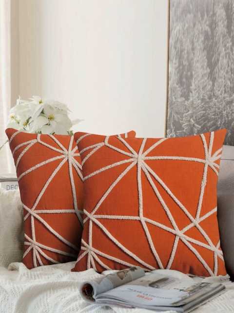 

LUXENMEAD Rust & White Set of 2 Embroidered Square Cushion Covers