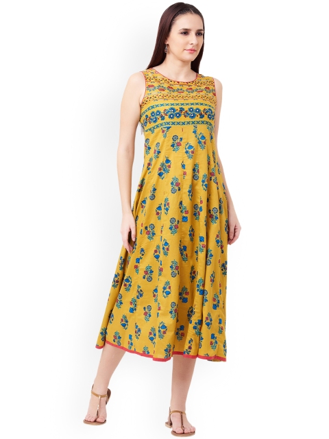 

IMARA Women Mustard Yellow & Blue Floral Print Empire Dress