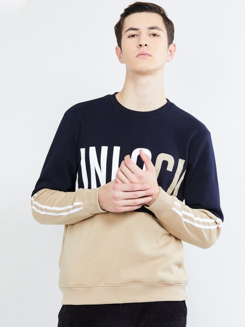 

max Men Navy Blue & Beige Colourblocked Sweatshirt