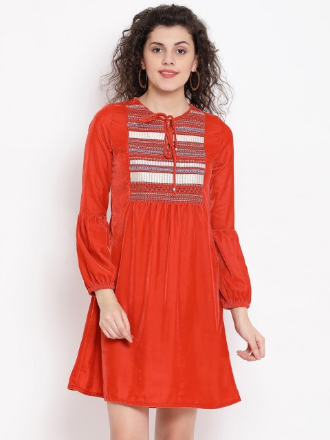 

Oxolloxo Women Orange Embroidered Velvet A-Line Dress