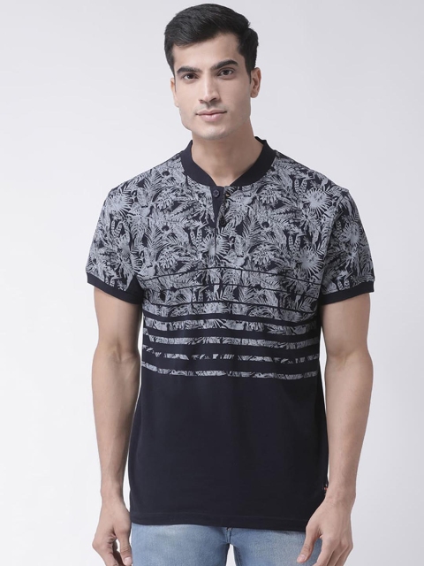 

Club York Men Navy Blue & White Printed Mandarin Collar T-shirt