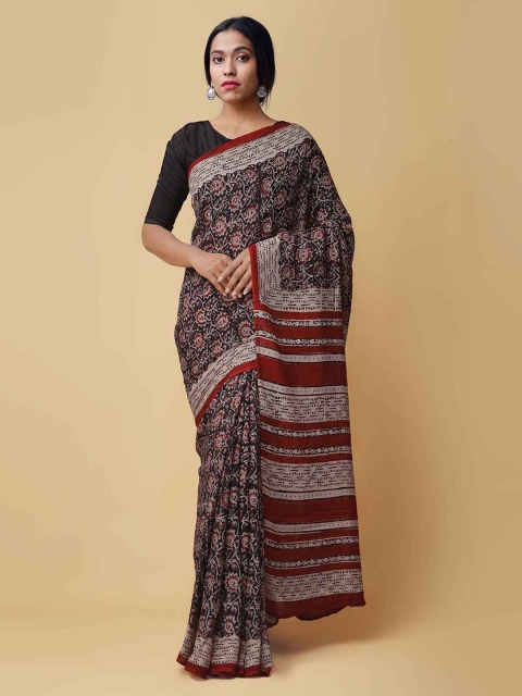 

Unnati Silks Black & Maroon Pure Cotton Handloom Printed Kota Saree