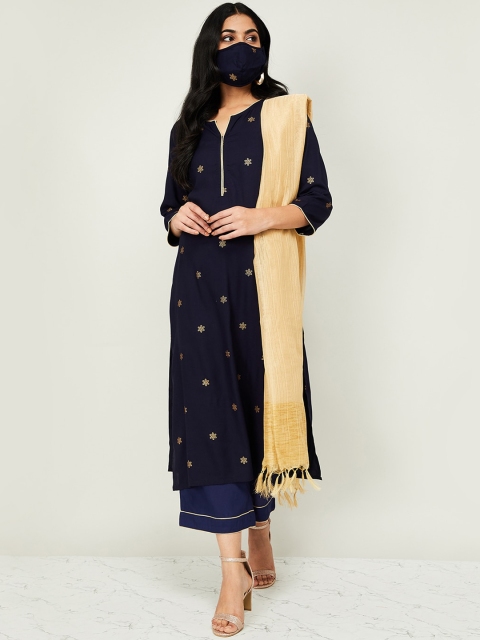 

Melange by Lifestyle Women Navy Blue & Beige Printed Kurta with Palazzos & Dupatta