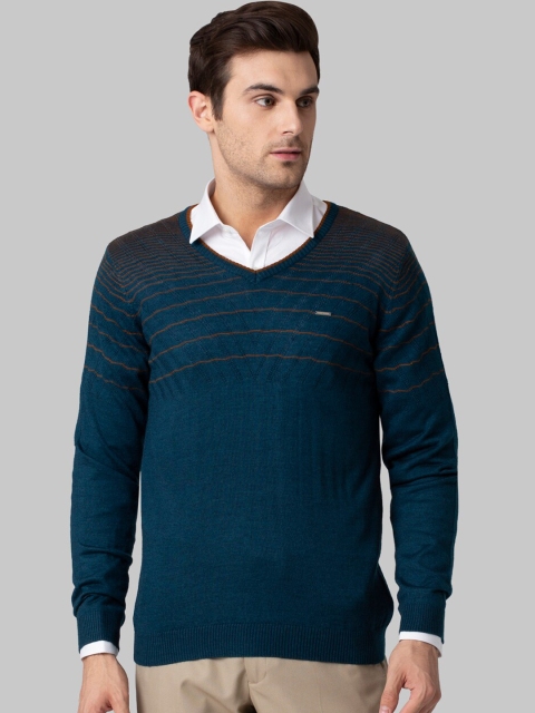 

Park Avenue Men Teal Blue Striped Pullover Sweater