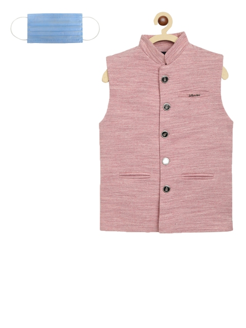 

Lil Tomatoes Boys Peach-Coloured Woven Design Nehru Jacket With Face Mask