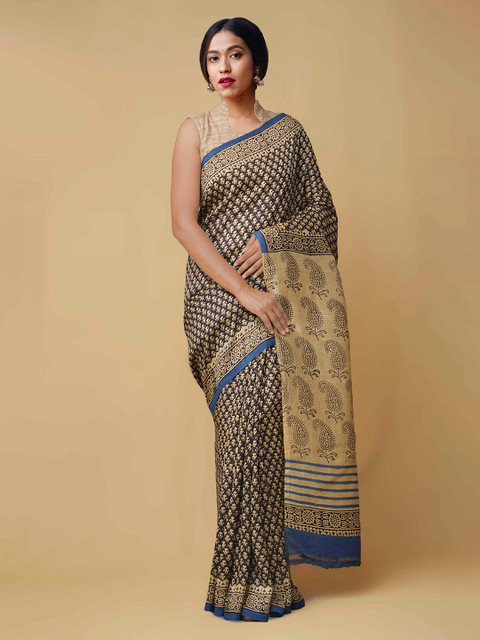 

Unnati Silks Beige & Blue Pure Silk Printed Tussar Saree