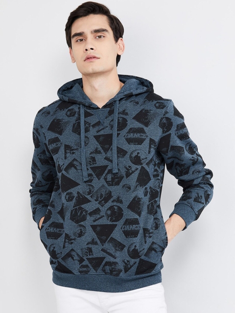 

max Men Blue & Black Printed Hooded Sweatshirt