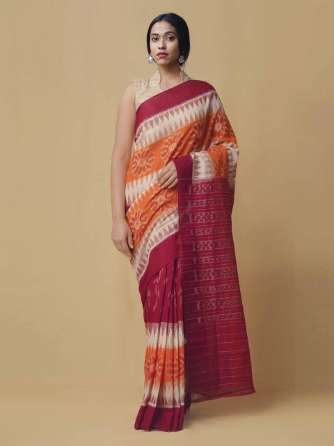 

Unnati Silks Red & Orange Pure Cotton Printed Sambalpuri Saree