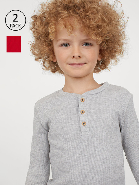 

H&M Boys 2-Pack Ribbed Henley Tops, Red