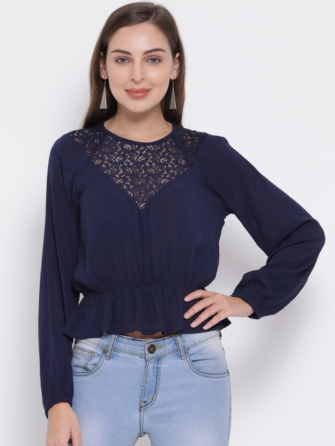

Oxolloxo Women Navy Blue Solid Cinched Waist Top