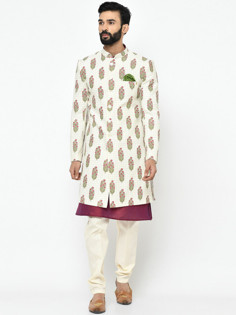 

KISAH Men White & Cream-Coloured Kurta Sherwani Set
