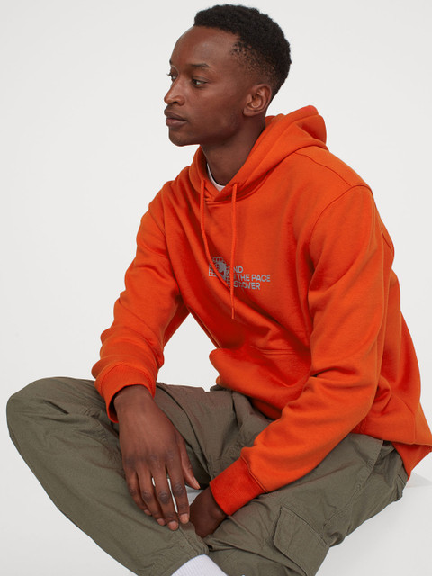 

H&M Men Orange Reflective Printed Hooded Sweatshirt