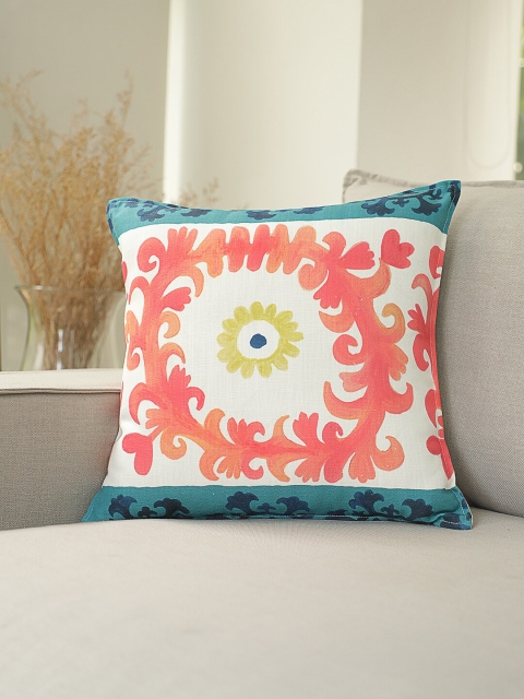 

BLUE BOAT White & Peach-Coloured Single Floral Square Cushion Cover