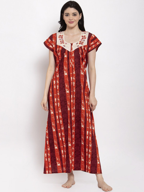 

Secret Wish Orange Printed Cotton Maxi Nightdress
