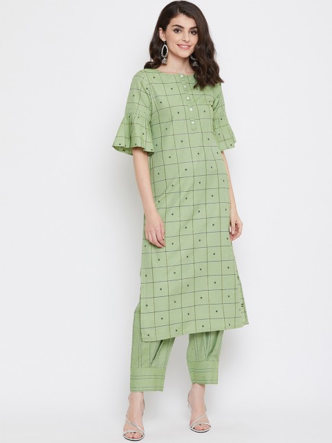 

Tulsattva Women Green Printed Kurta with Trousers